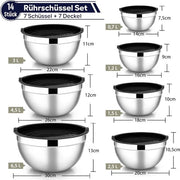 Set di contenitori in acciaio inossidabile, 7 pezzi, contenitore a ciotola con coperchio ermetico per pentole, cottura, preparazione, lavastoviglie, 6,5/4,5/3/2,5/1,5/1,2/0,7 l, nero