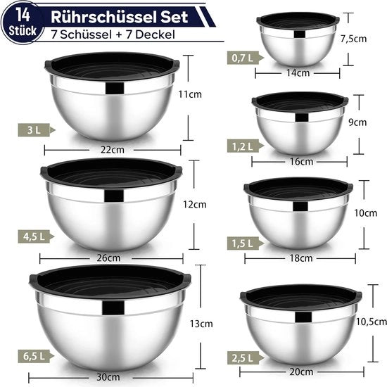 Set di contenitori in acciaio inossidabile, 7 pezzi, contenitore a ciotola con coperchio ermetico per pentole, cottura, preparazione, lavastoviglie, 6,5/4,5/3/2,5/1,5/1,2/0,7 l, nero