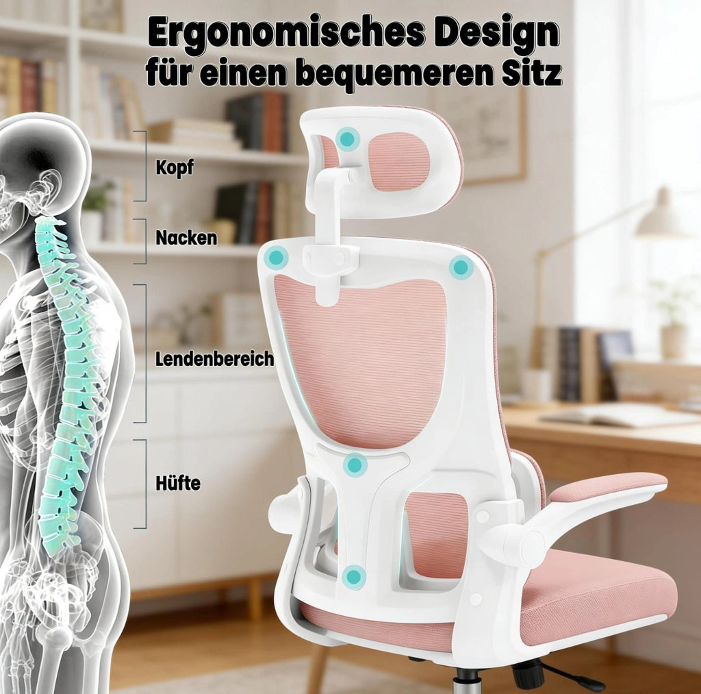 Sedia da ufficio ergonomica rosa con rete e poggiatesta
