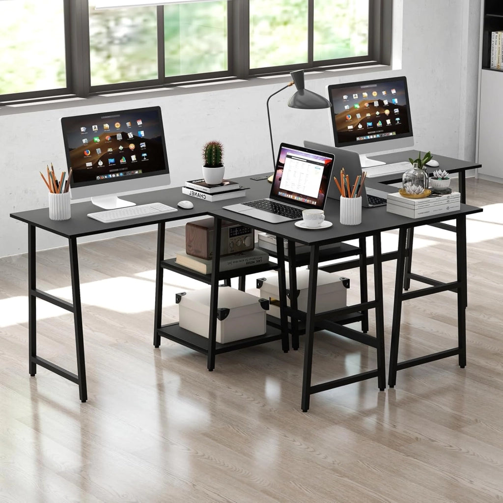 Scrivania per computer a forma di L da 120 cm, con stazione di ricarica, tavolo ad angolo con 2 ripiani aperti, scrivania per studio, ufficio (nero)