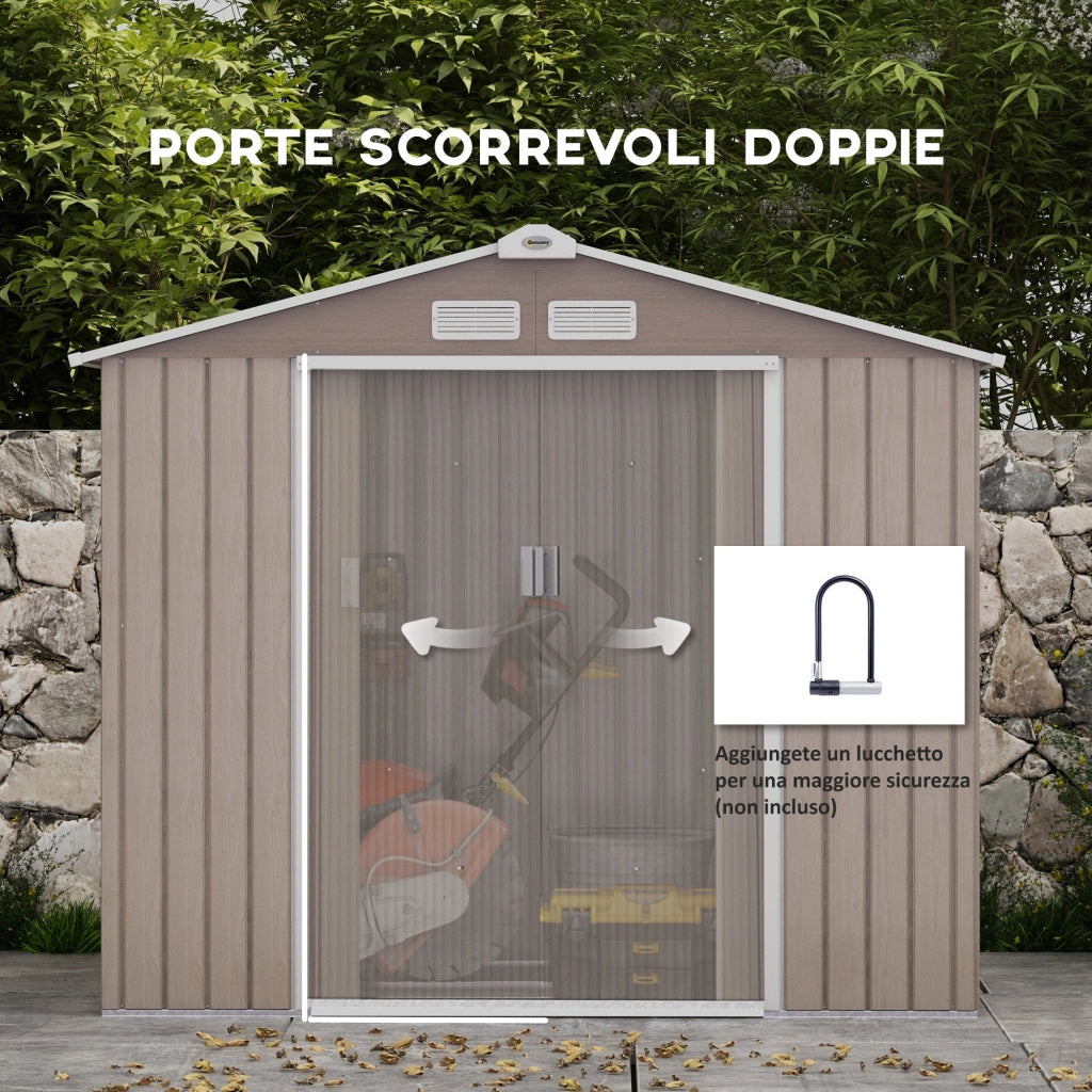 Casetta da Giardino con Prese d'Aria e Doppia Porta Scorrevole  210x130 cm in Metallo Marrone Chiaro