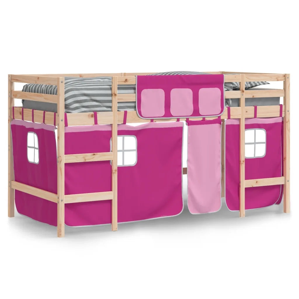 Letto a Soppalco con Tende Bambini | Letto Infantile | Lettino Rosa 80x200 cm Massello Pino