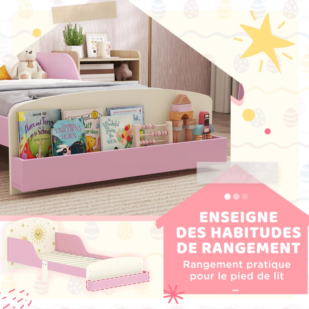 Letto singolo per bambini con barriera di sicurezza, rete a doghe e contenitore ¨C zephmum ¨C rosa 70x140 cm