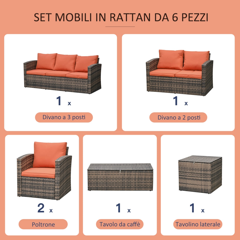 Set da Giardino 6 Pezzi in Rattan con Divani, Poltrone e Tavoli Contenitore, Marrone
