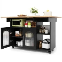 Isola cucina moderna con spazio di conservazione e armadietti con ante in vetro, 120×30×79,5 cm, Nero e Legno naturale