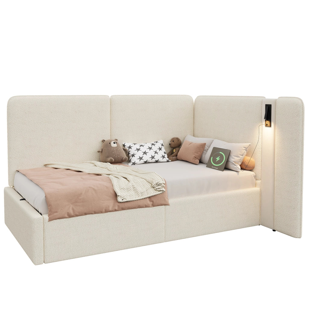 Letto imbottito singolo 90x200 cm con contenitore idraulico, lampada lettura USB e Type-C, beige bouclé