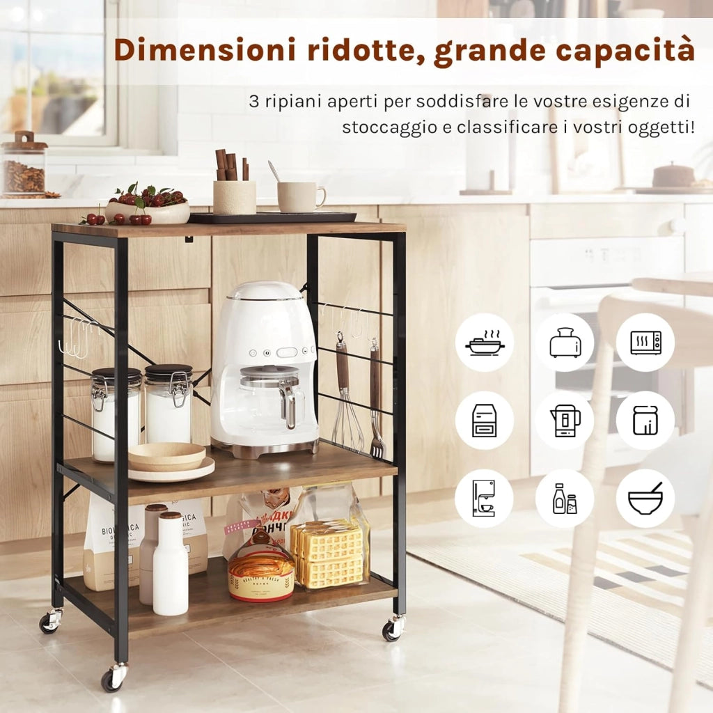 Scaffale da Cucina con Ruote, Carrello Cucina a 3 Livelli, Scaffale per Microonde con 4 Ganci, Carrello da Bar con Struttura in Metallo, Marrone Rustico+Nero, 60x40x82,5 cm