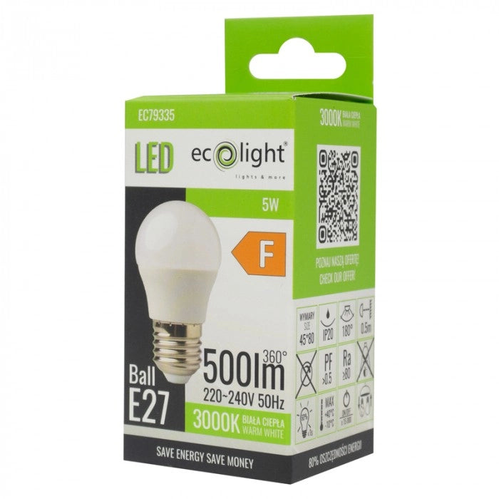 Lampadina LED sferica E27 5W 3000K 450lm Ecolight