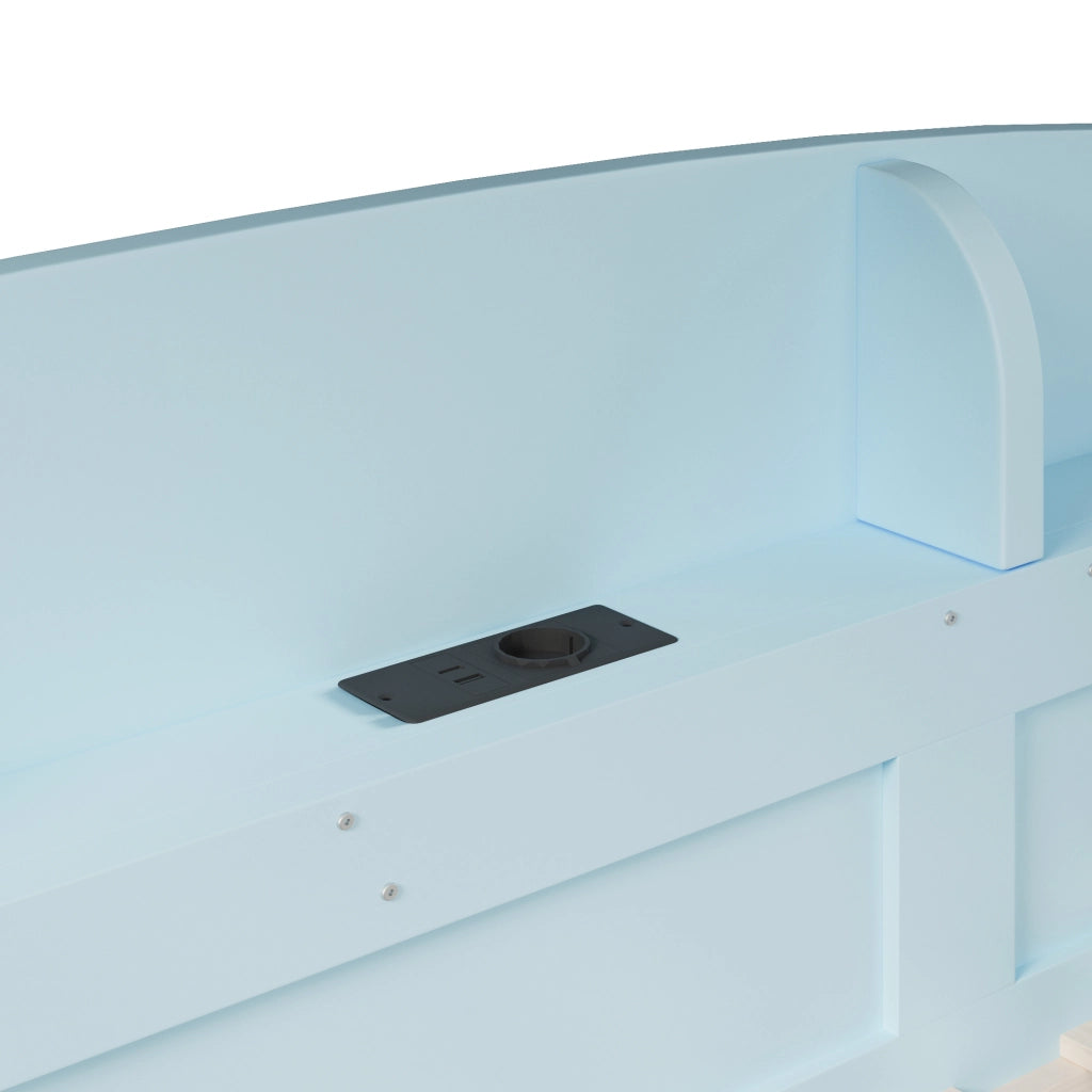 Letto a Soppalco 90x200 cm; Letto 2 Posti - USB e Mensole - in Legno Massello e MDF - Blu