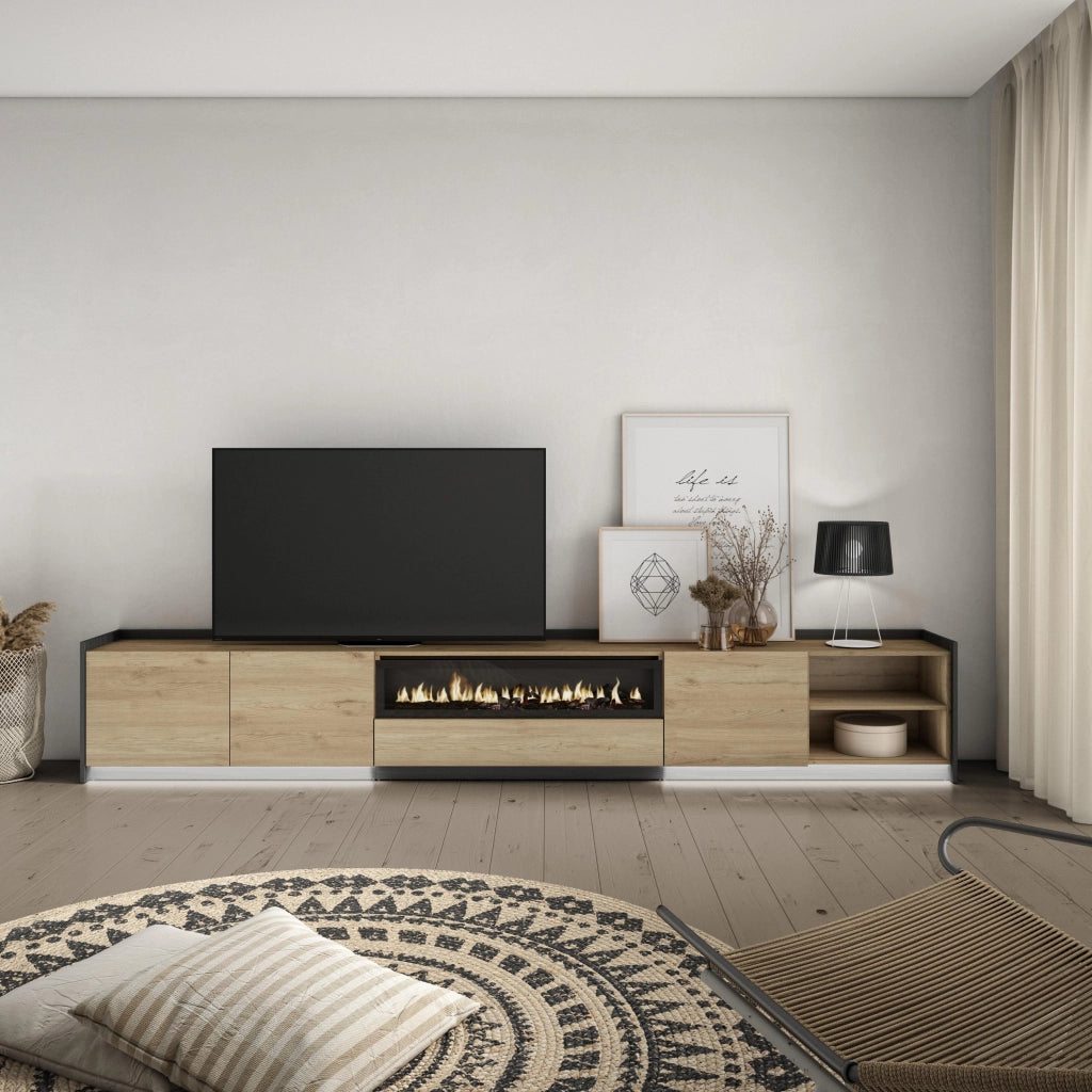 Mobile TV Soggiorno, 310x50x37 cm, Per TV fino a 80", Camino elettrico, LED, Rovere e nero