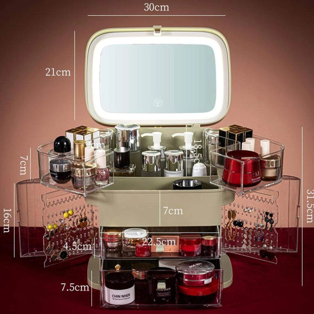 Trade Shop - Organizer Beauty Case Porta Trucco Accessori Gioielli Con Specchio Led Cassetti -