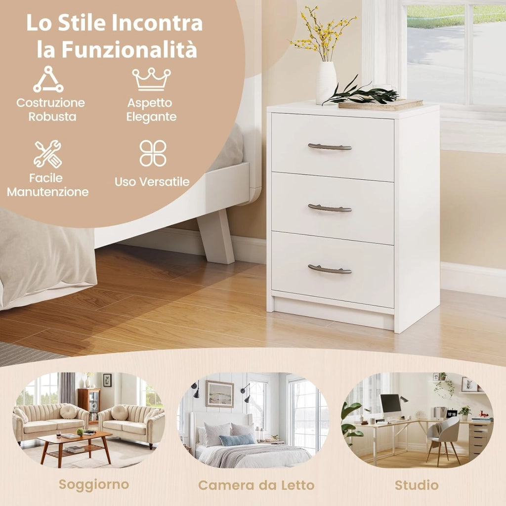 Comodino Camera da Letto con 3 Cassetti, Comodino Salvaspazio in Legno, Comodino Mobile da Letto con Kit Antiribaltamento, per Soggiorno e Studio, 38,5 x 28 x 54 cm (Bianco, 3 Cassetti)