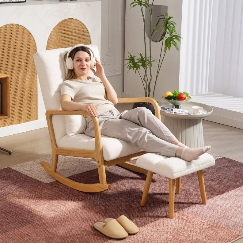 Poltrona a dondolo con poggiapiedi 64.5x82x99 cm; schienale alto; in legno bianco