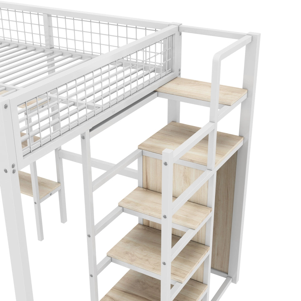 OKWISH Letto a Soppalco 140×200 cm, Letto Matrimoniale con Scrivania, Armadio e Scaffali, senza Materasso, in Metallo e MDF, Bianco