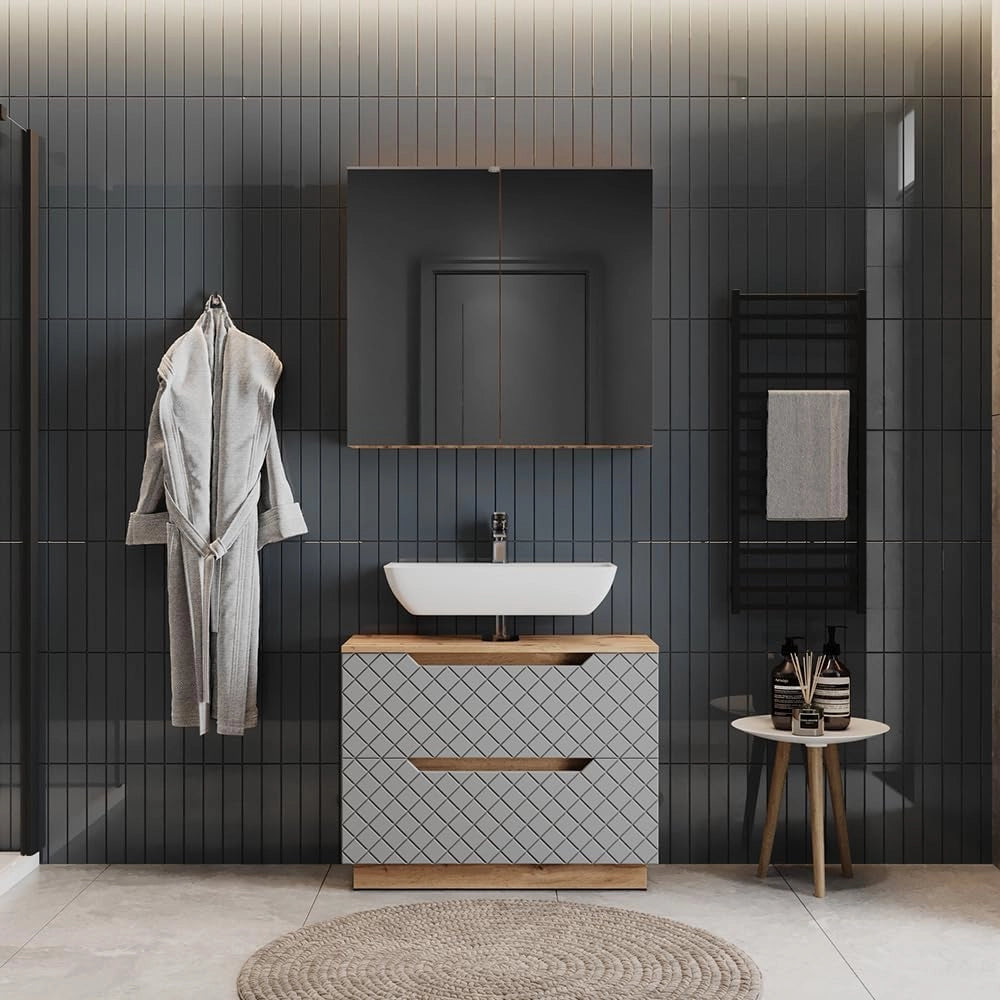 Set di mobili da bagno Lotta, Rovere/grigio con struttura in piastrelle, 2 parti