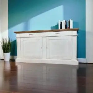 Credenza madia Alberta in legno 2 ante 2 cassetti bianco anticato e noce scuro con rilievo