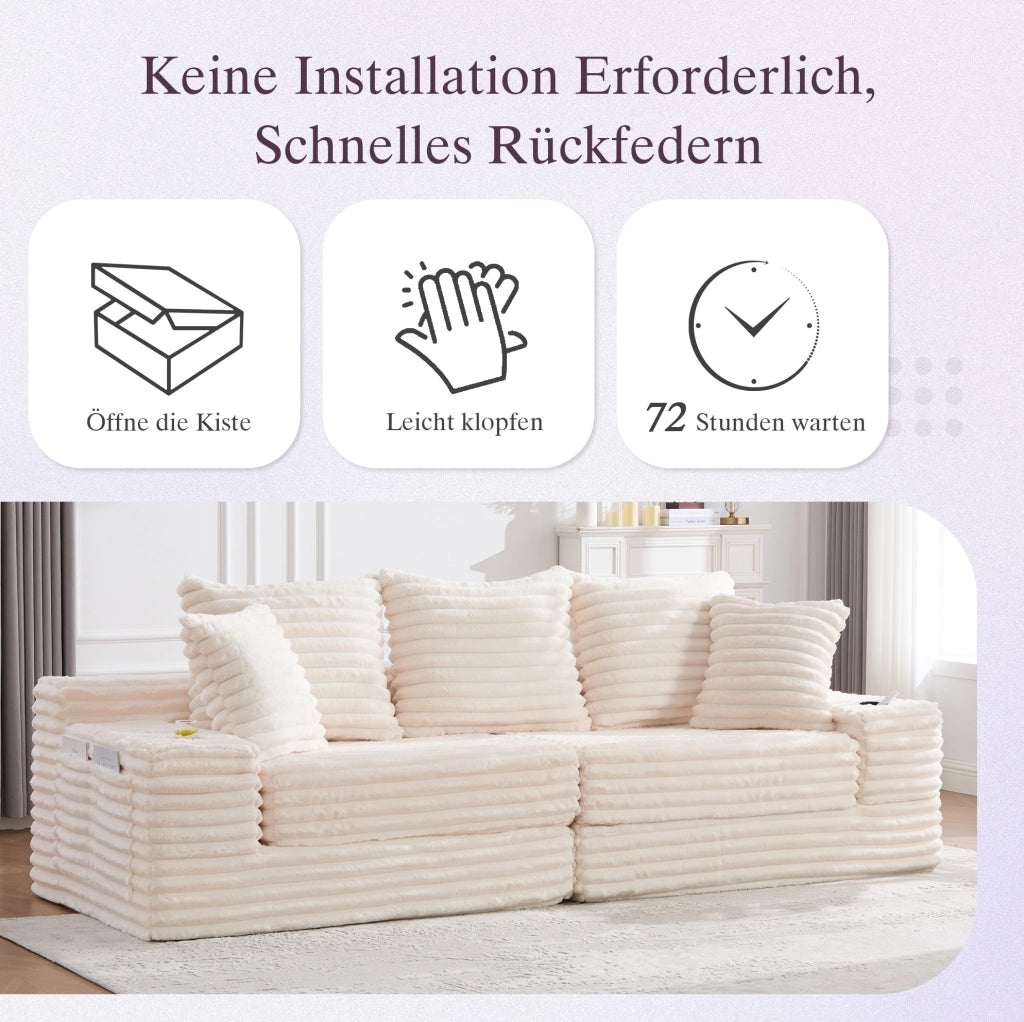 Divano letto in velluto a coste beige con contenitori