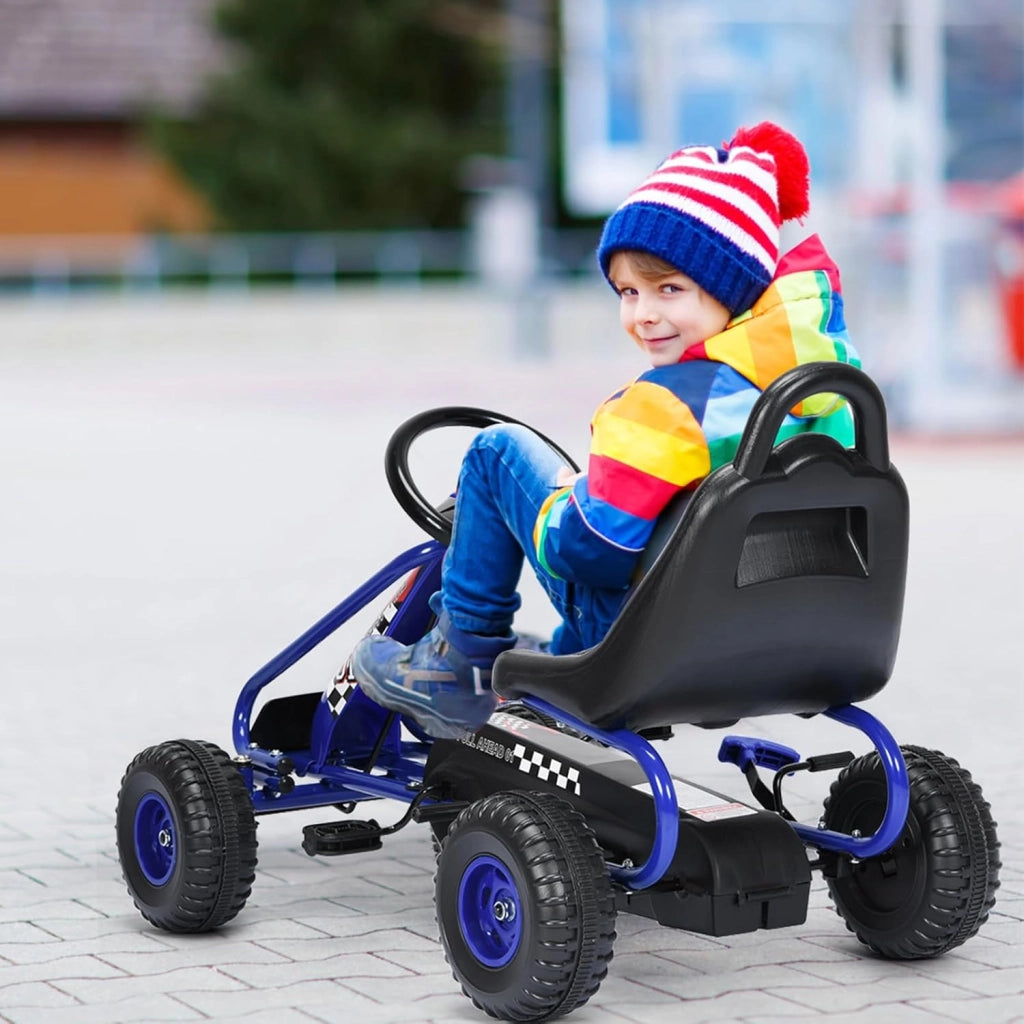 Go Kart a Pedali per Bambini, Go Kart Veicolo con Sedile Regolabile e Freno a Mano, per Bambini 3-6 Anni, Portata Massima 30 kg (Blu)