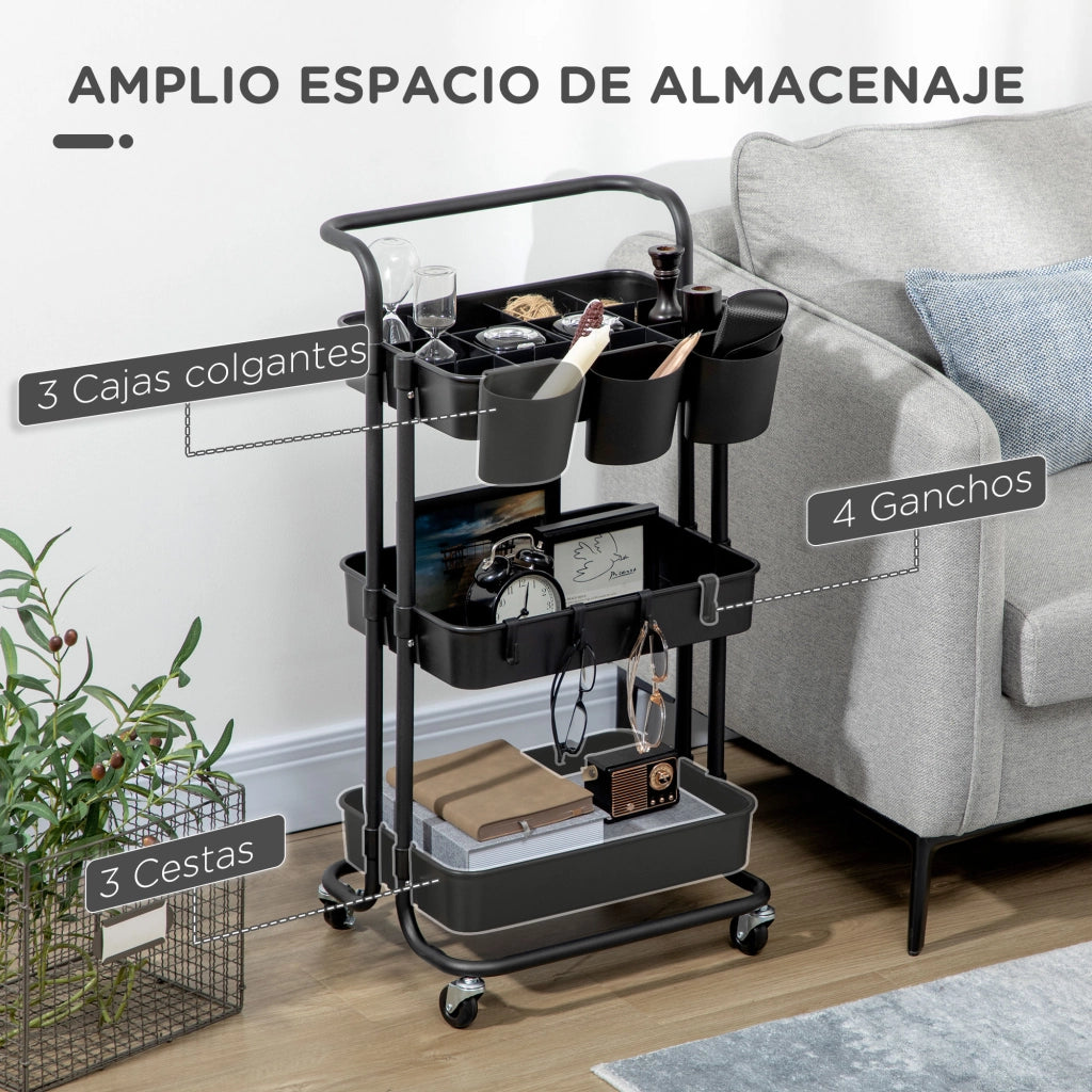 Carrello Multifunzionale con Cassetti e Ganchi ¨C zephmum ¨C Nero 42x38x86,5 cm