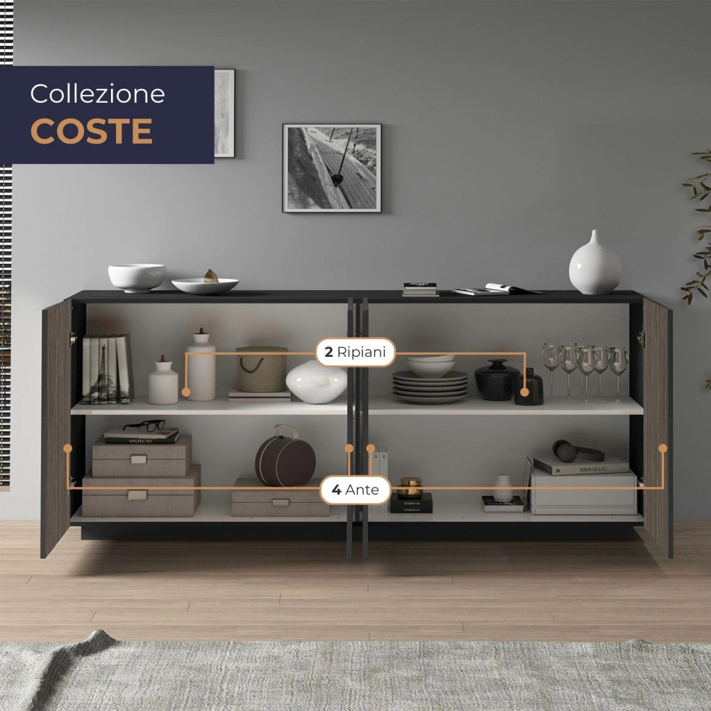 WHOUS Credenza Coste a 4 ante effetto cannetè antracite opaco e legno scuro 200x43x86 cm