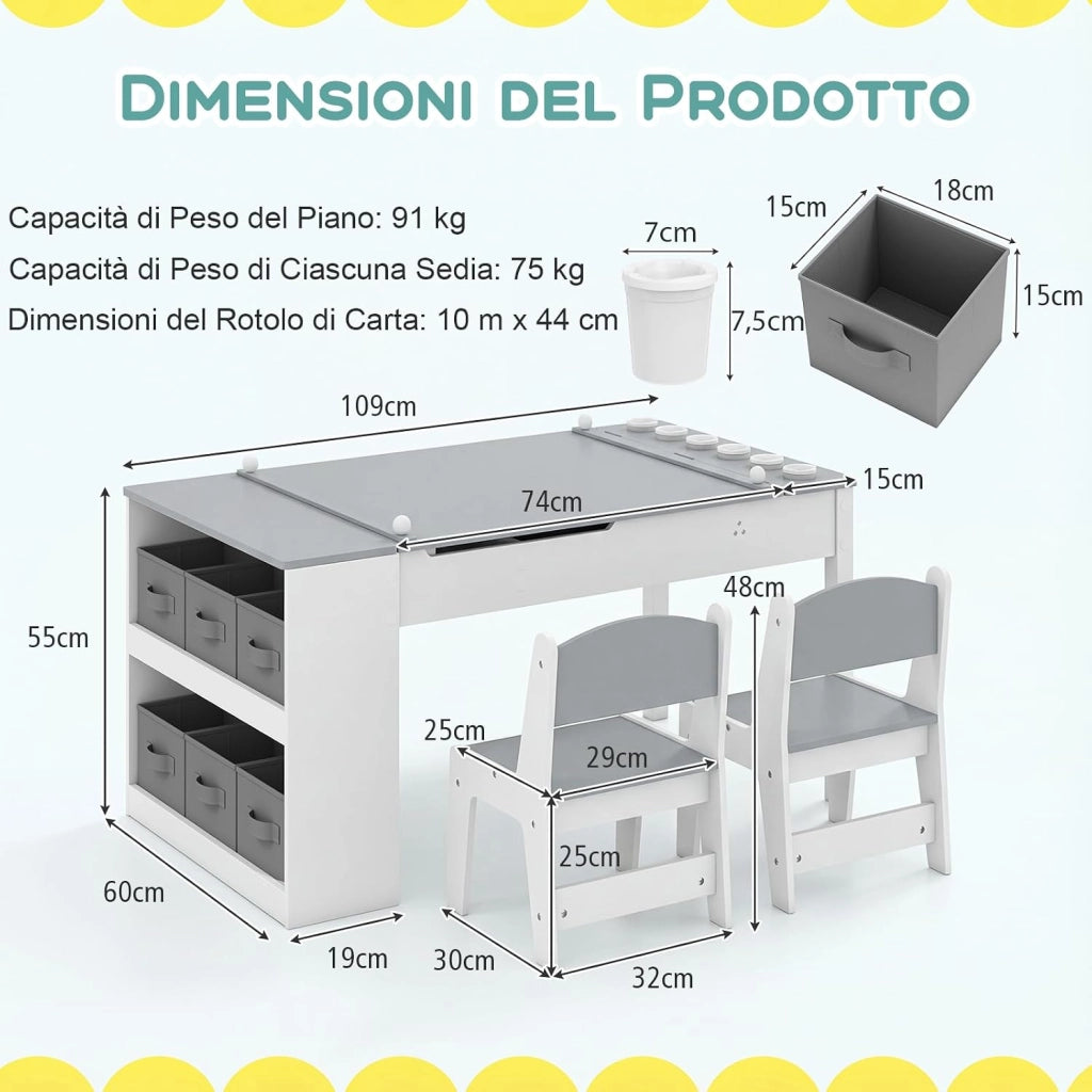 Set Tavolo da Disegno e Cavalletto per Bambini 3+ Anni con 2 Sedie, Tavolo Multifunzione in Legno con Piano Sollevabile, Rotolo di Carta, 6 Bicchieri di Vernice (Grigio)
