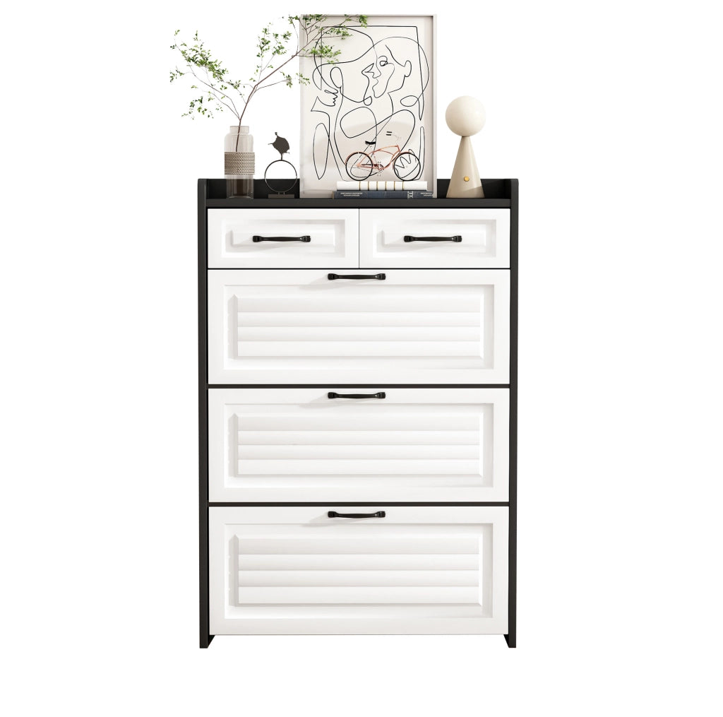 Scarpiera 80x23.5x131 cm con 3 scomparti girevoli e 2 cassetti in pannello truciolare bianco e nero
