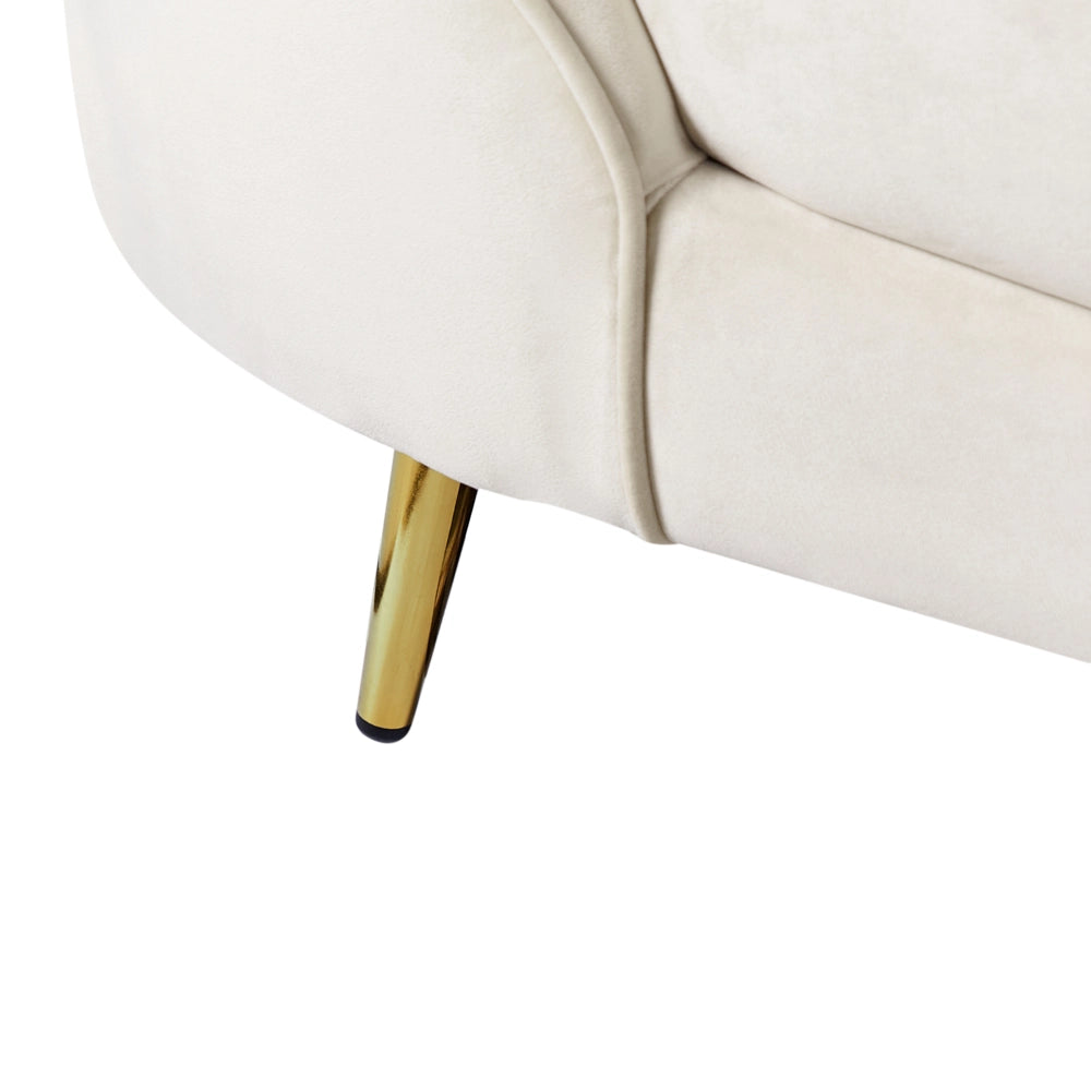 Divano velluto beige glamour curvo in stile retrò a 2 posti con gambe metallo dorato