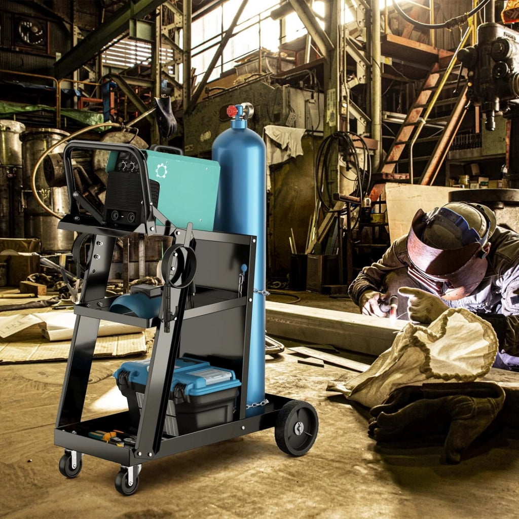 Carrello da Saldatura a 3 Livelli, Carrello per Saldatore con Struttura in Metallo, 4 Ruote Bloccabili Universal e Spazio per Serbatoio con Catene Anti-Ribaltamento, Carrello per Officina