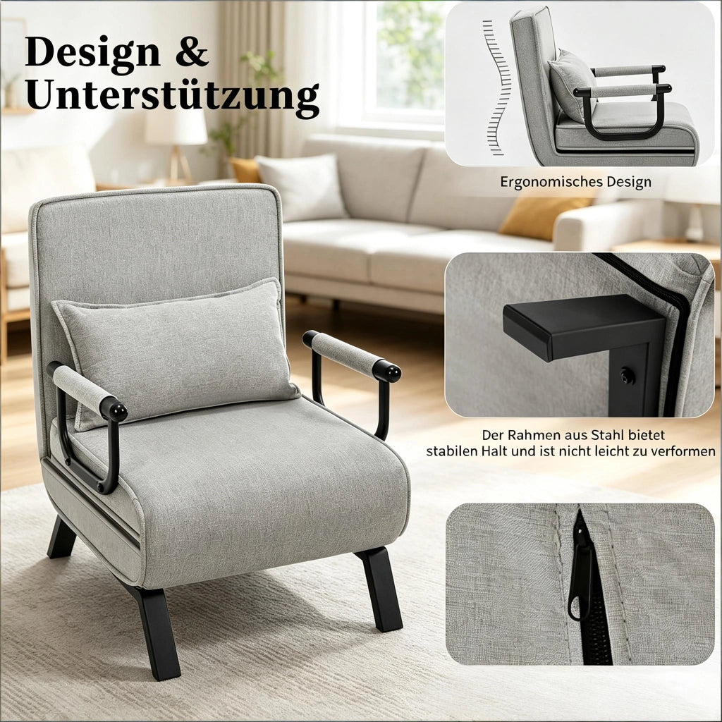 POLTRONA 3 in 1 Convertibile 65 x 78 x 75 cm Grigio chiaro Lino, metallo e schiuma