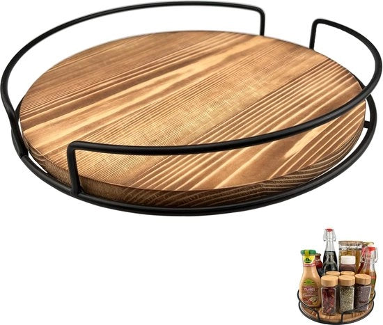 Piatto di lavoro, organizzatore di cucina, 28 cm, griglia per spezie con superficie antiscivolo, camera di magazzino, cucina, piano di lavoro, zona frigorifero, legno di abete, carbonizzato nero.