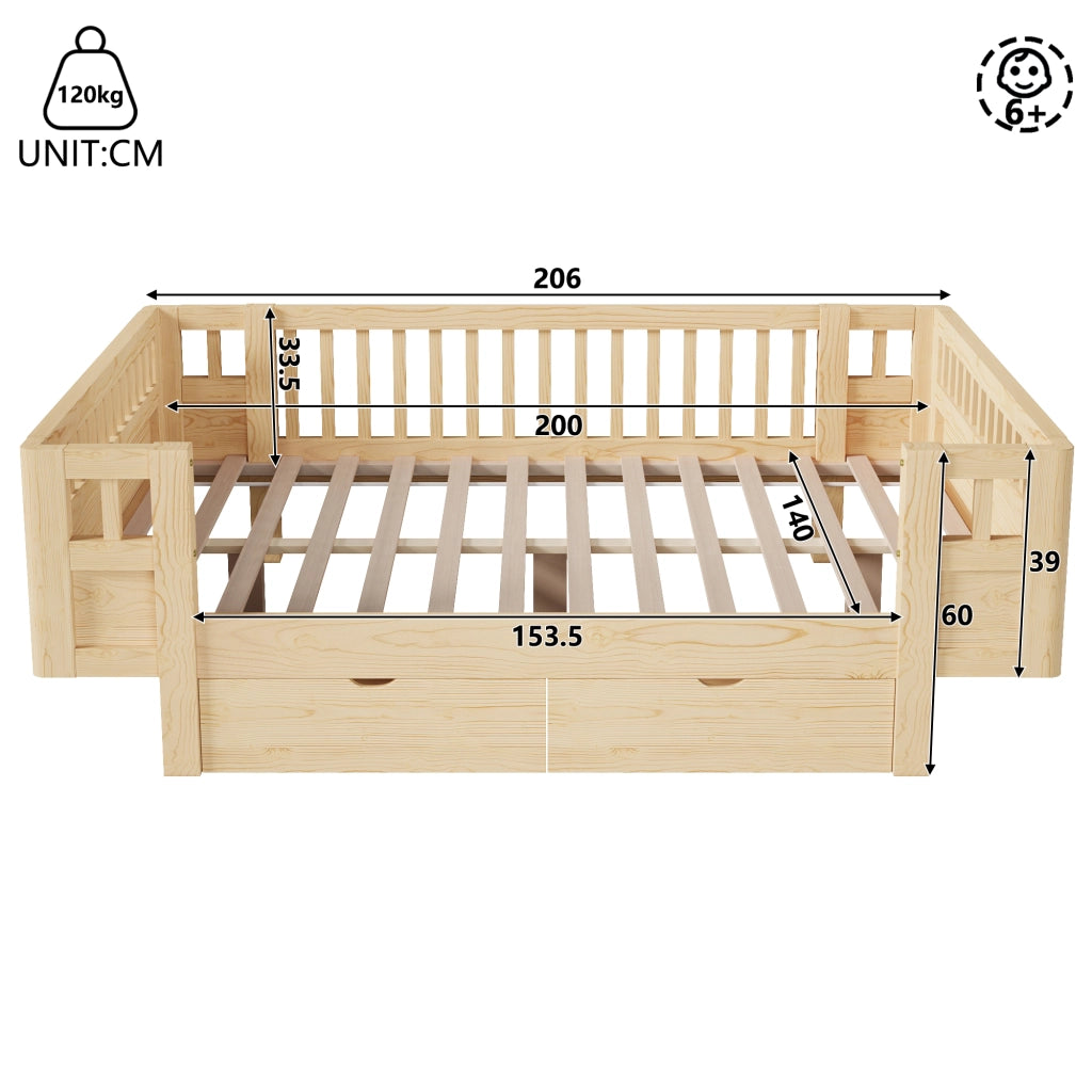 Letto per bambini in legno massiccio con sponde protettive e due cassetti, finitura legno 140 × 200 cm