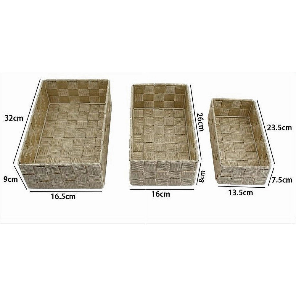 Trade Shop - Set 3 Pz Scatola Porta Oggetti In Tessuto Intrecciato Contenitori Beige 79057 -