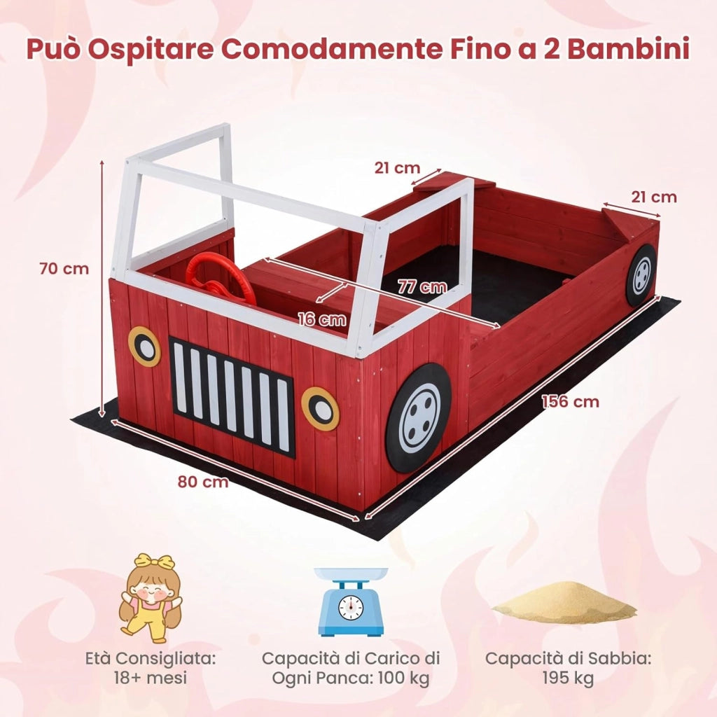 Sabbiera per Bambini in Legno Massello, Sabbionaia da Esterno con Panca Sedile e Fodera, Forma di Autopompa, Gioco per Spiaggia, Cortile e Giardino, 156x80x70 cm
