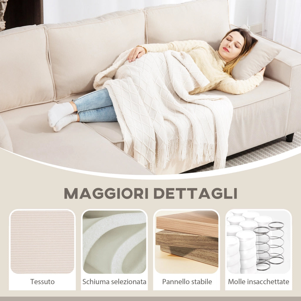 Divano Angolare 3 Posti in Tessuto Velluto ¨C Zephmum ¨C Bianco Crema 241x153x83