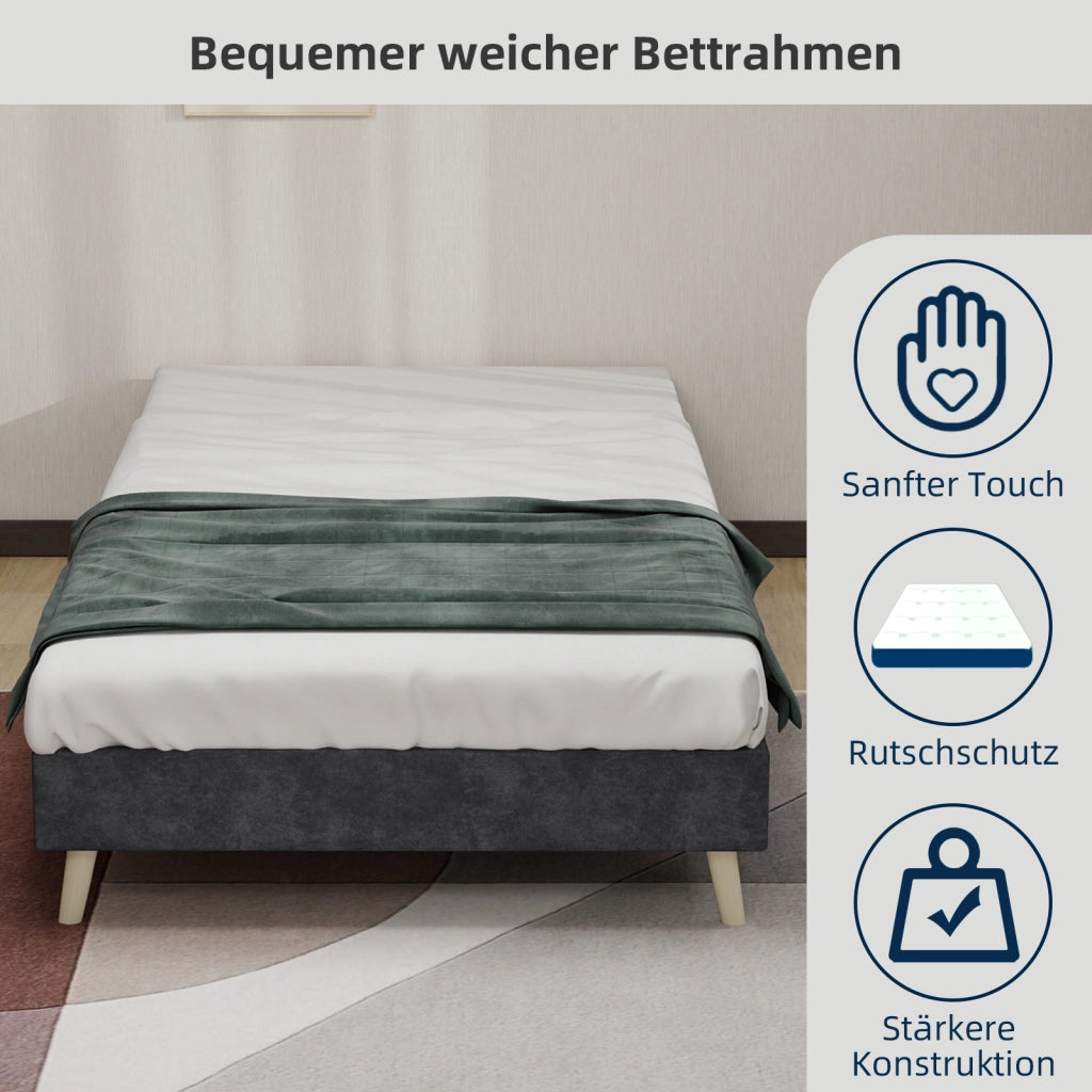 Letto Singolo 90x200 cm; Struttura Bassa - in Tessuto e Metallo - Grigio