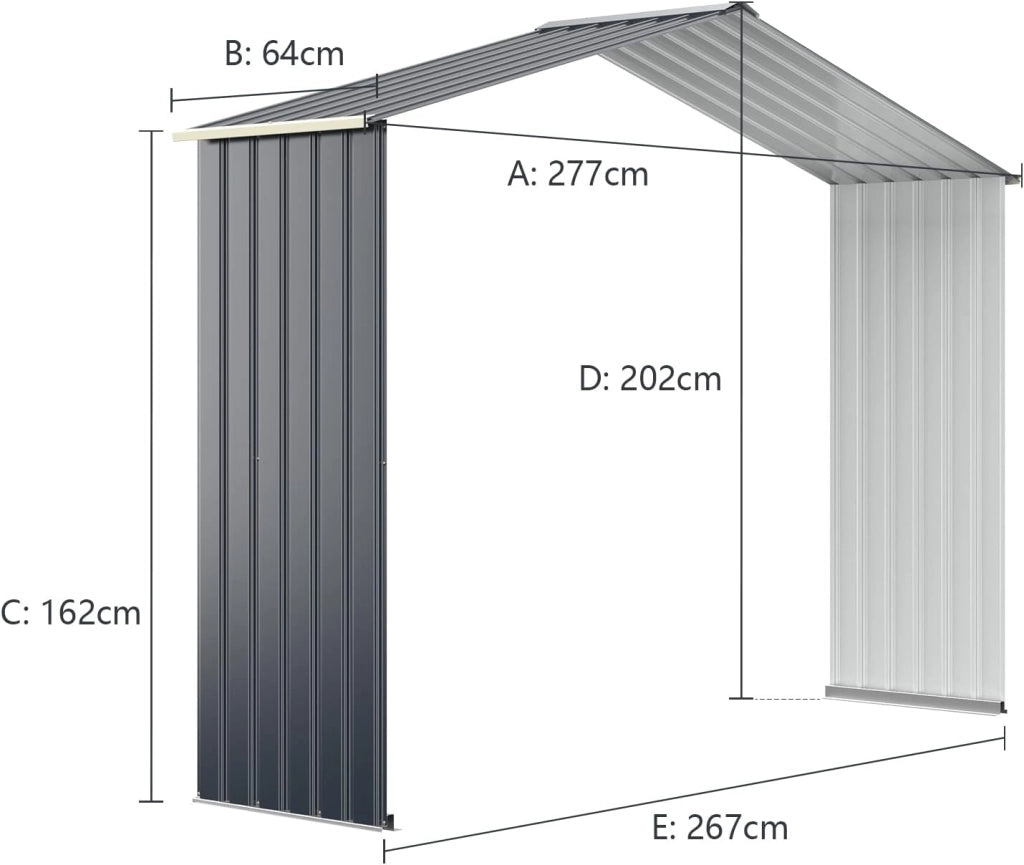 Casetta da Giardino Porta Attrezzi in Lamiera Acciaio Zincato, Capanno da Esterno con Tettoia, Sfilati e Ante Scorrevoli, per Cortile, Giardino e Fattoria (267 x 64 x 202 cm per Estensione)