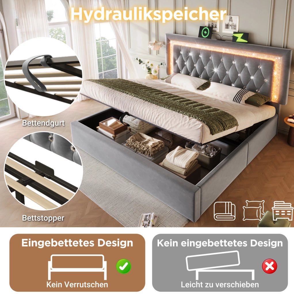 Letto matrimoniale 160x200 cm in velluto grigio con LED; USB Type-C; contenitore e materasso