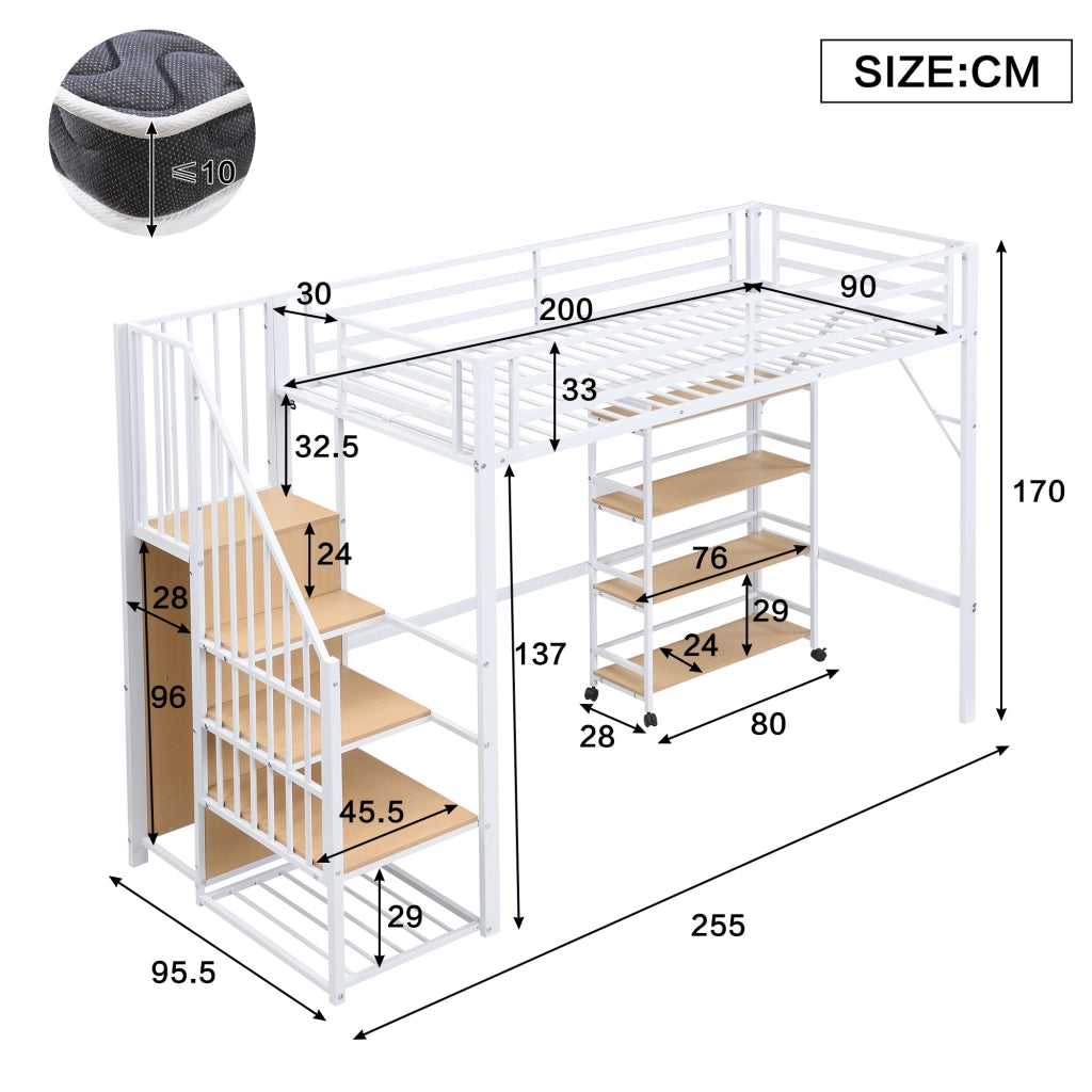 DESMIU Letto a soppalco singolo con armadio ad angolo, scaffale con ruote e barriera 90 × 200 cm, senza materasso