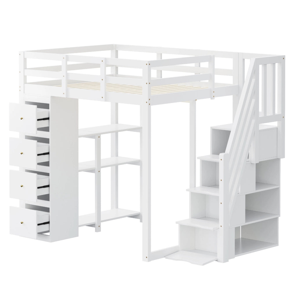 LETTO a soppalco 140x200 cm in legno bianco con 4 cassetti e scala laterale