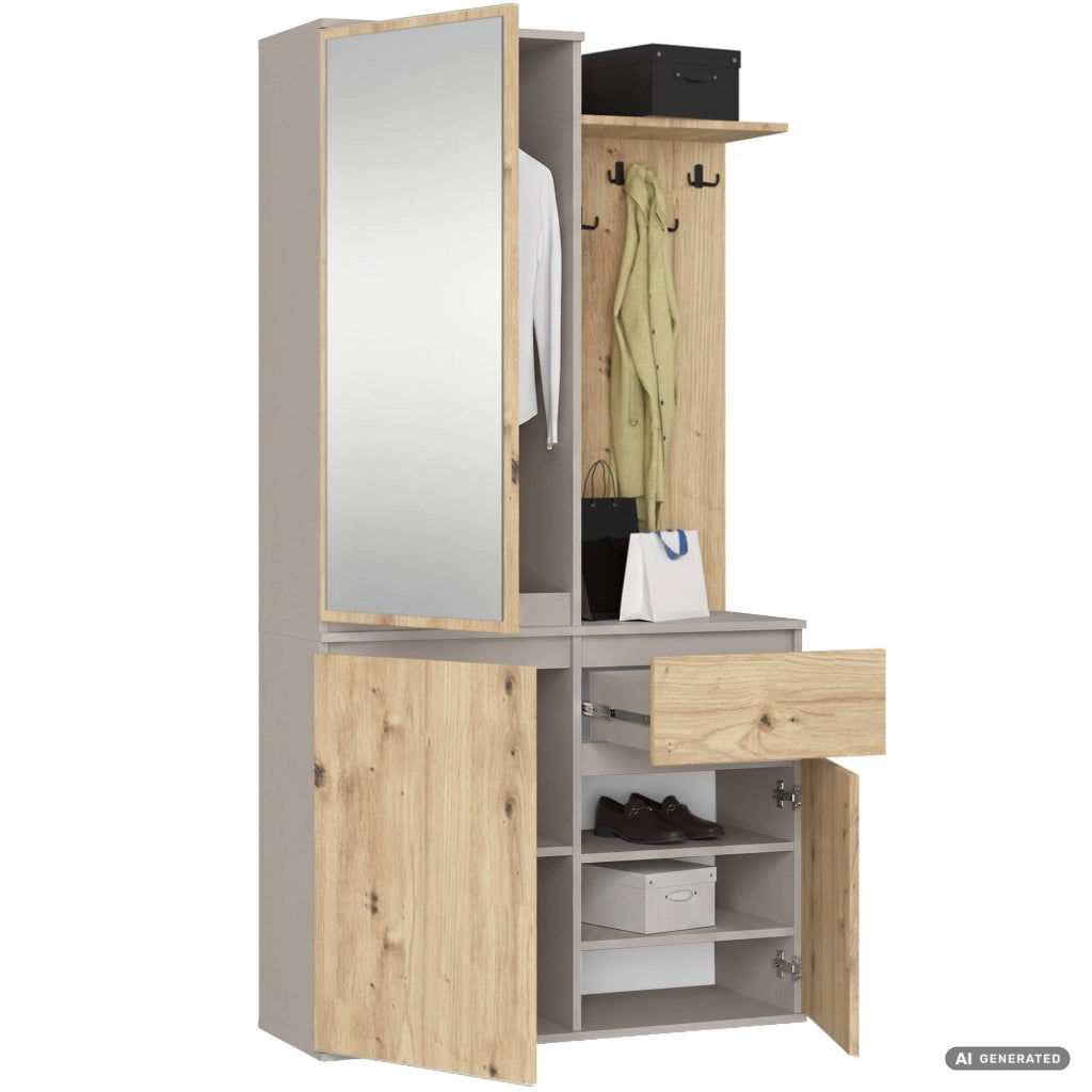 Mobile ingresso ENTRO 95 cm con specchio appendiabiti e scarpiera Cashmere e Rovere Artisan