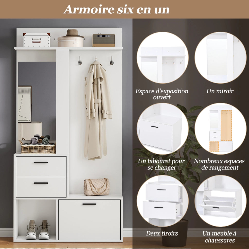 Armadio ingresso con 2 cassetti; 3 ganci; specchio; ripiani ribaltabili e 3 vani per ingresso e corridoio; bianco; 90 Ã— 30 Ã— 180 cm