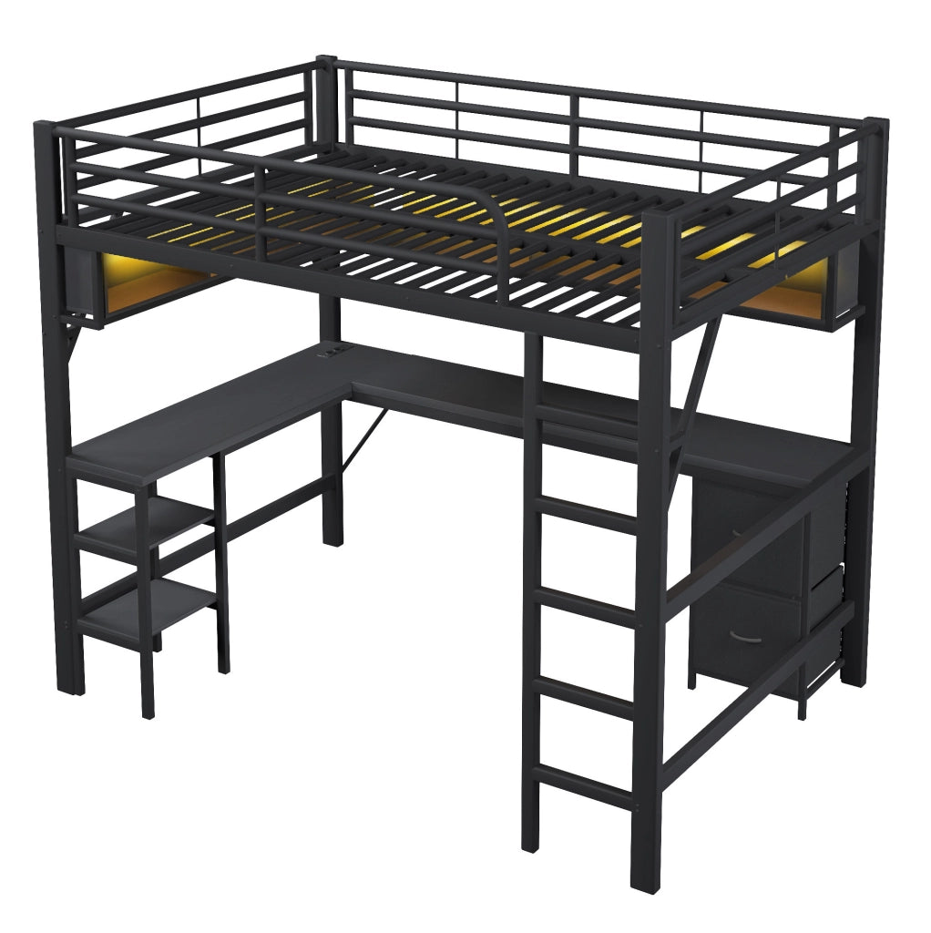 Letto a soppalco 140x200 cm con scrivania e LED in MDF e metallo nero
