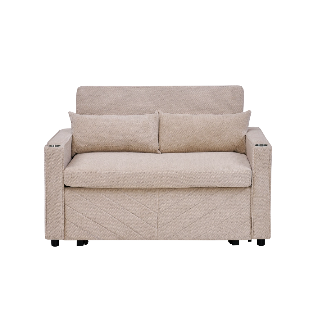 Divano letto 2 posti convertibile con USB e sistema scorrevole in legno e tessuto beige