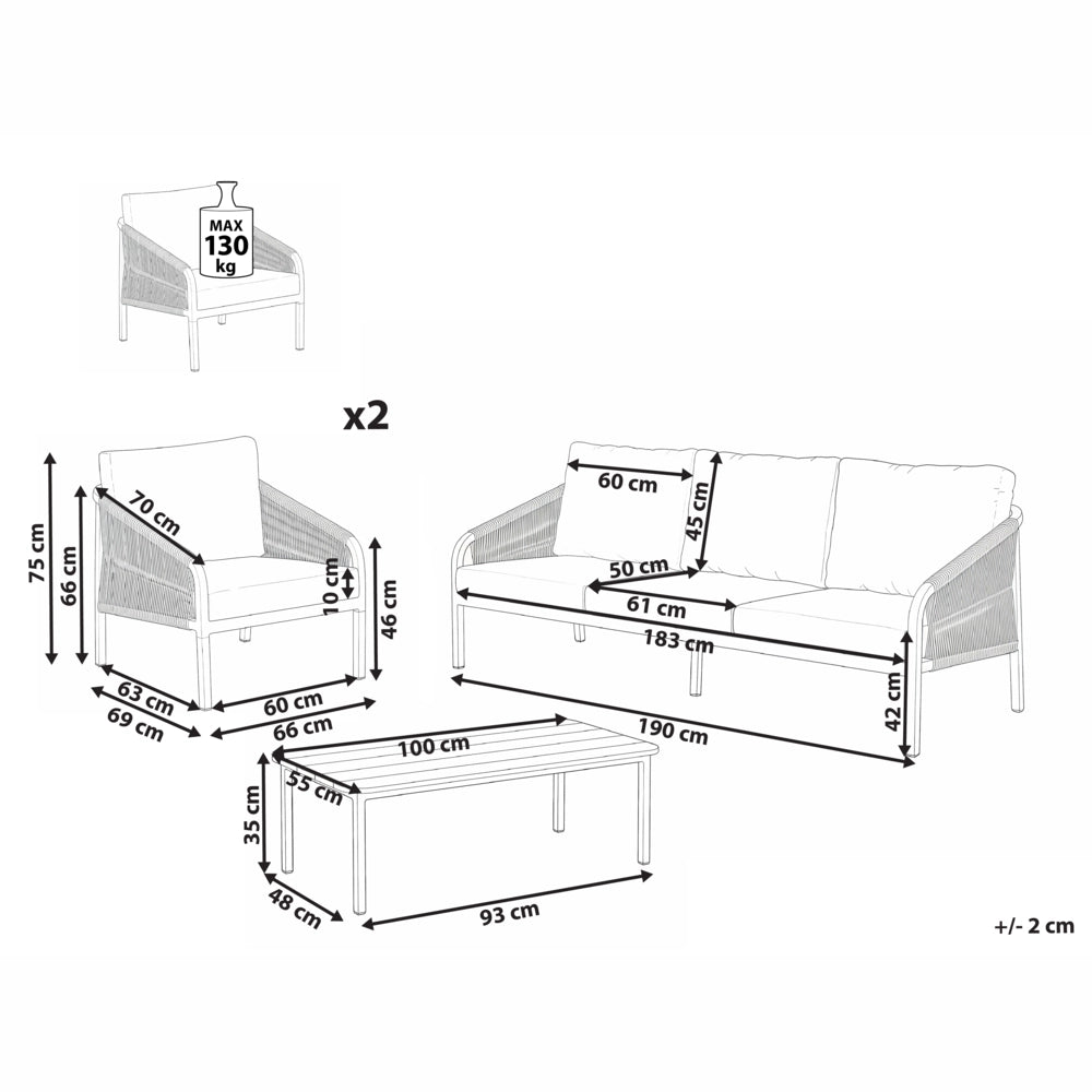 Set di divani da giardino a 5 posti Struttura in metallo beige Divano a 3 posti Poltrone con cuscini Stile moderno