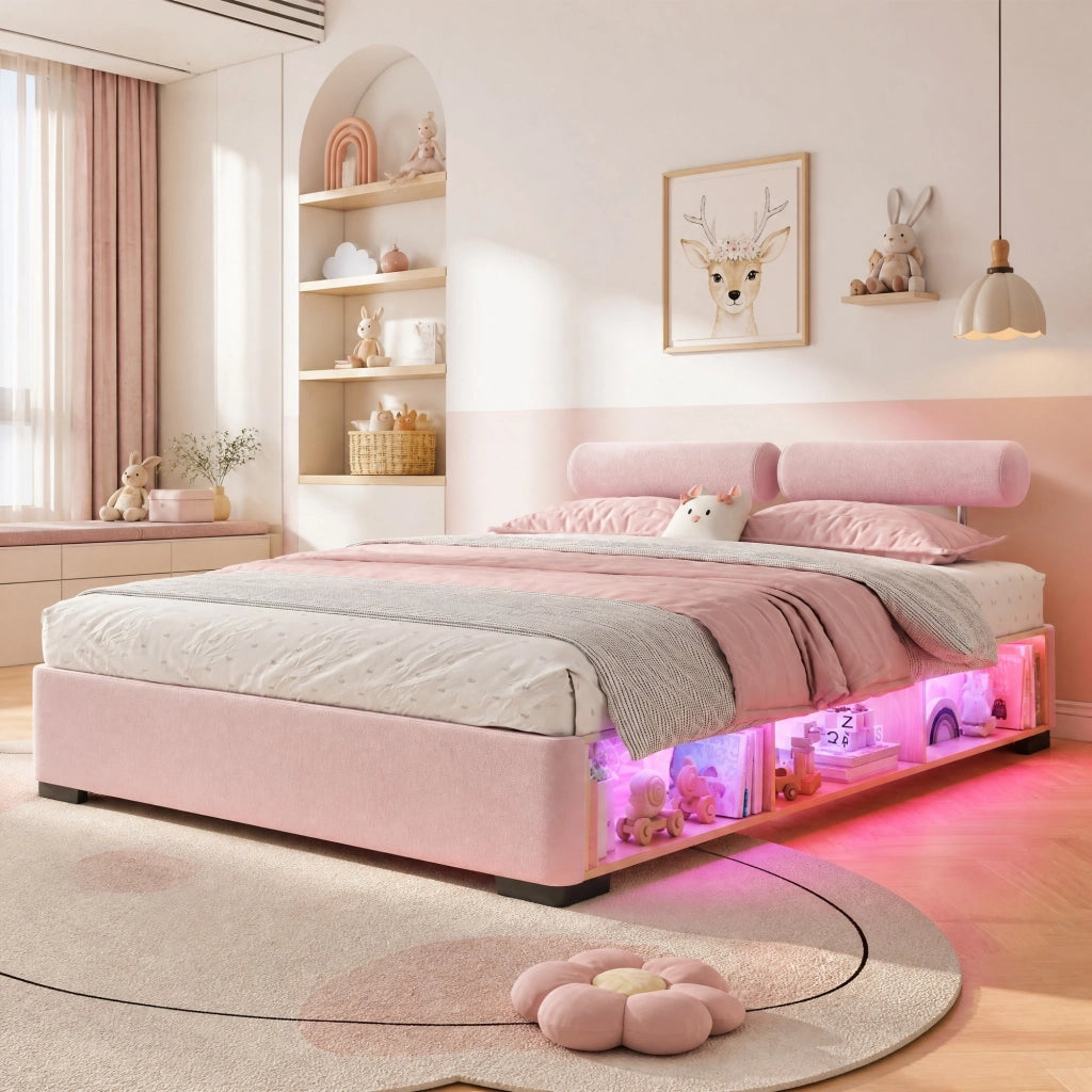 Letto Polster per Bambini Rosa 140x200 cm con Libreria Laterale e Luce a LED