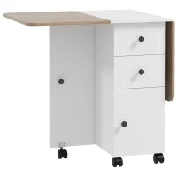 Tavolo Pieghevole con 2 Cassetti e Armadietto, 6 Rotelle e Freni, 120x60x76.5 cm, Bianco e Rovere
