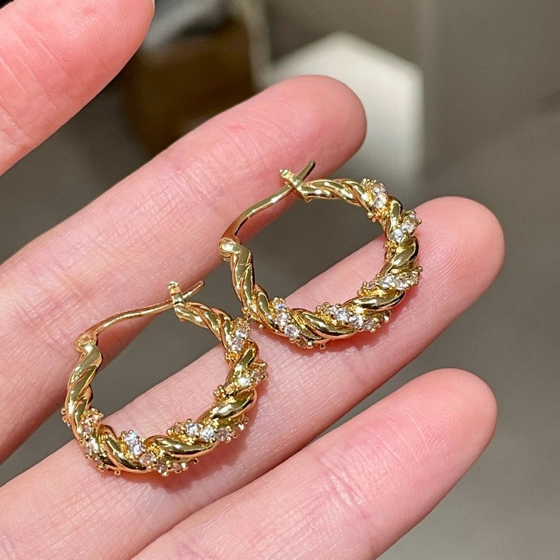 Orecchini a cerchio minimalisti in metallo con strass, in stile retr¨° francese.