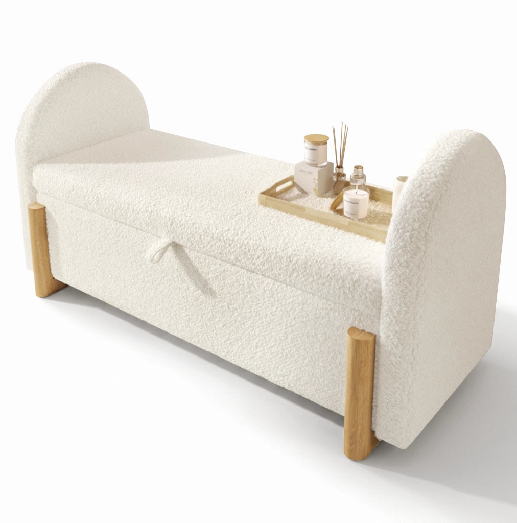Panca contenitore imbottita con apertura idraulica 106x47x61 cm; bouclé bianco