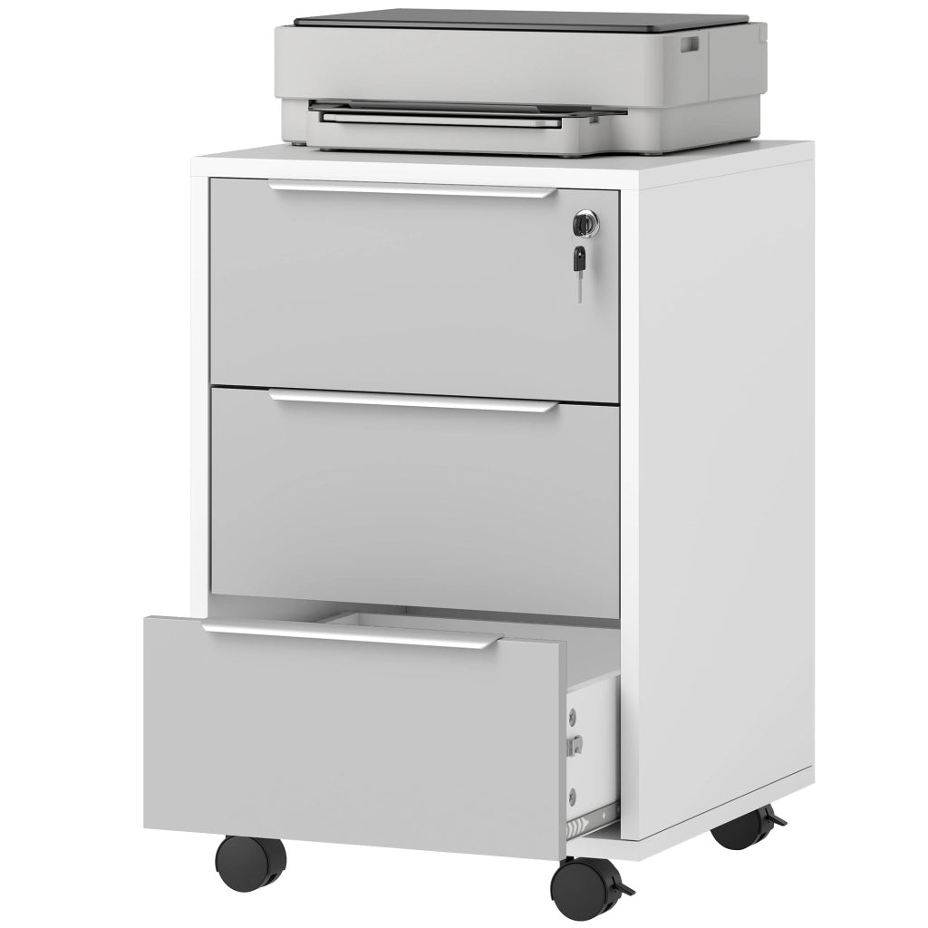 Schedario per Ufficio a 3 Cassetti con Chiavi di Sicurezza e 4 Ruote. in Legno. 40x40x63.5 cm. Bianco e Grigio