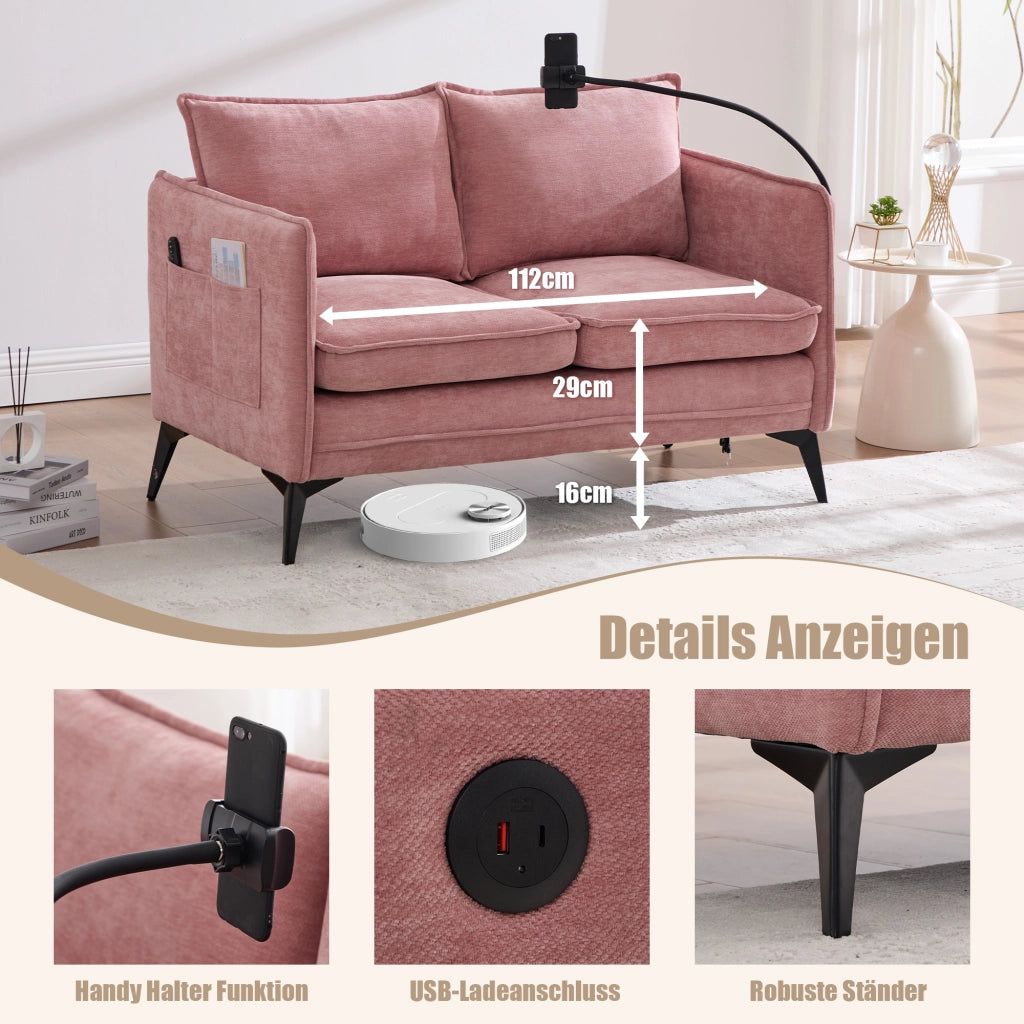 Divano 2 Posti con Supporto per Telefono e Tasche laterali per Camera e Soggiorno in Chenille Rosa